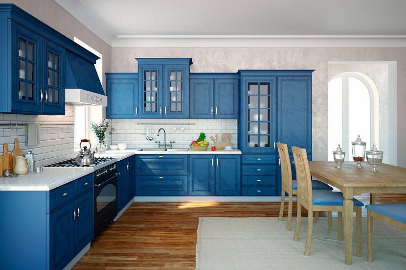 Linear blue and white kitchen