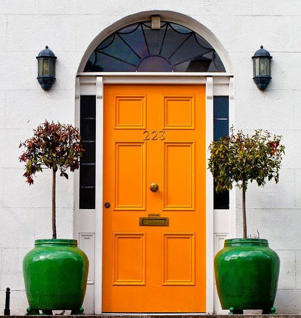 Main doors in orange or red